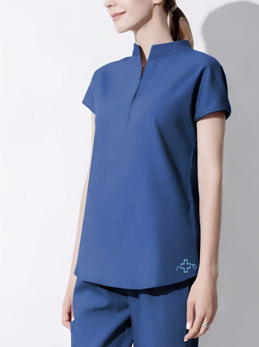 Women's Blue Solid Color V-Neck Nurse Scrub Set with Pockets